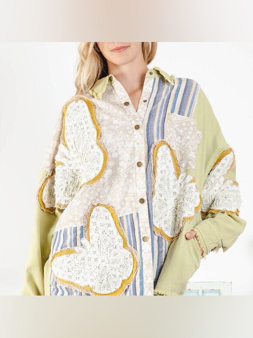 Blue Velvet Butterfly Patchwork Button Down Shacket